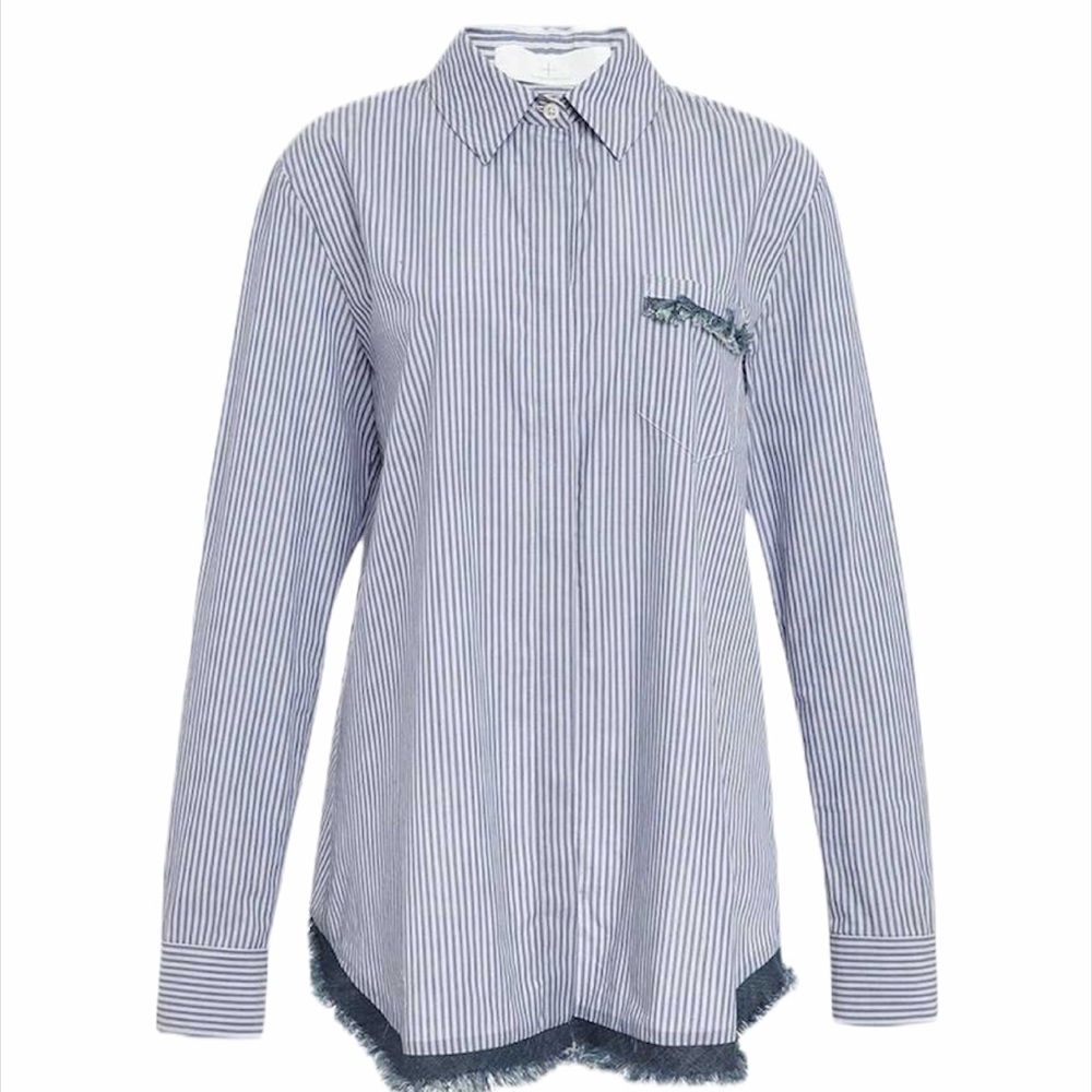 THAKOON ADDITION Blue Menswear Western Fringe Stripe Button Top